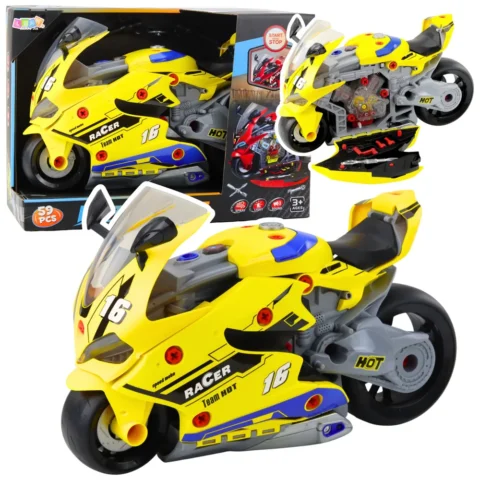 Motocykl Do Rozkręcania 2w1 DIY Warsztat Światła Dźwięki Dym Żółty 43cm