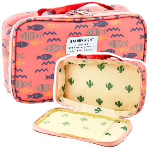 Piórnik Szkolny Organizer Kosmetyczka Dodatkowa Kieszonka Ryby Różowy 22,5cm