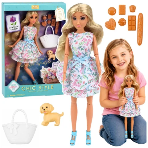Lalka Anlily Fashion z Pieskiem Sukienka w Kwiaty Torba Przekąski Akcesoria