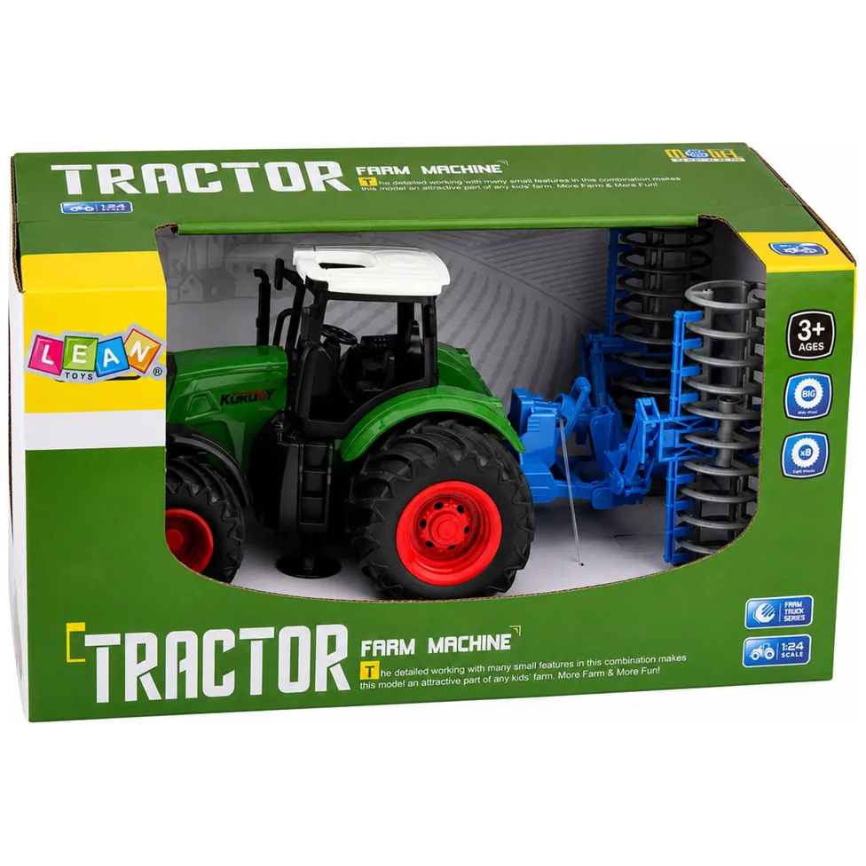 Traktor Rolniczy Farmerski Gospodarski z Wałem Uprawowym Zielony 1:24 - obrazek 6