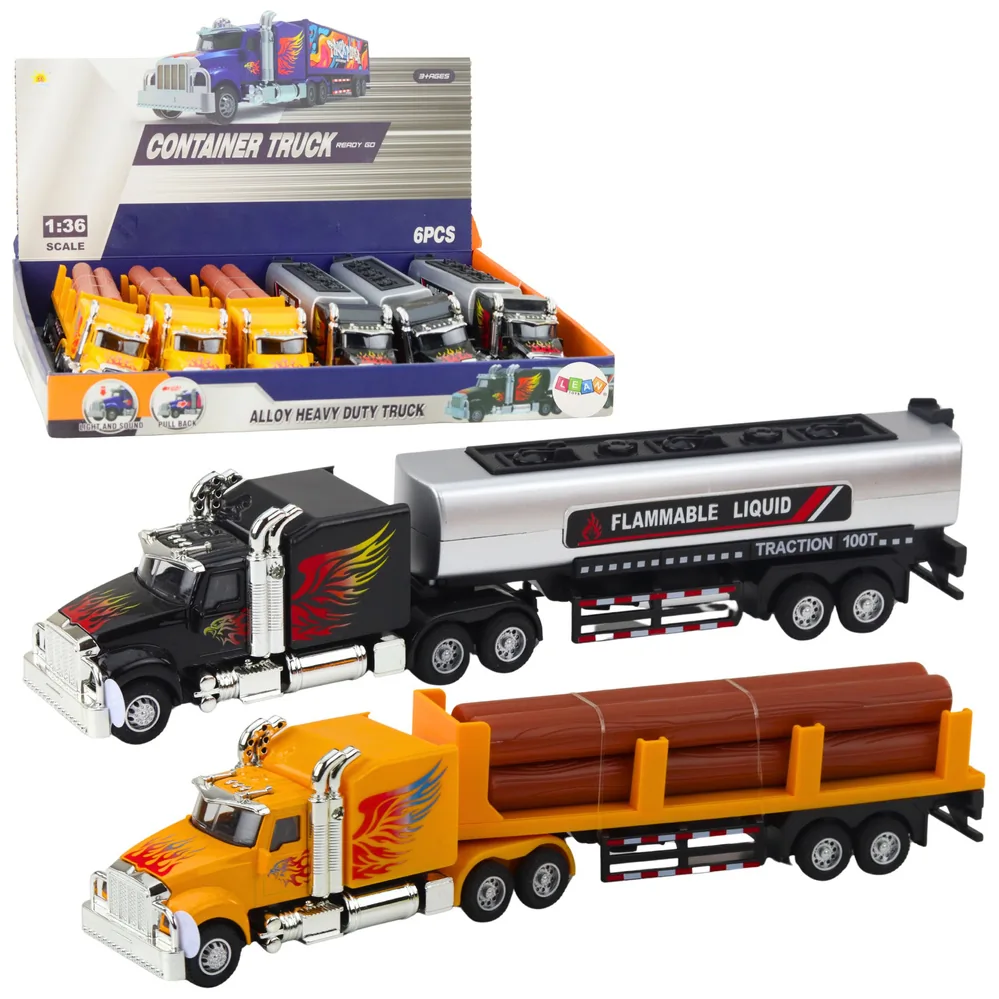 Ciężarówka Cysterna Transport Drewna Napęd Pull-Back Światła Dźwięki 1:36