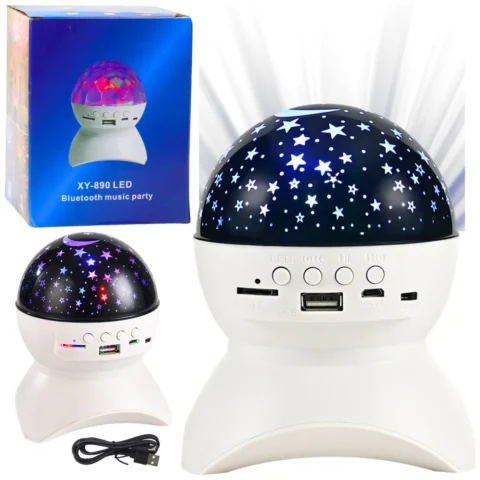 Lampka Nocna Projektor Gwiazd Głośnik 3w1 LED Bluetooth Biała