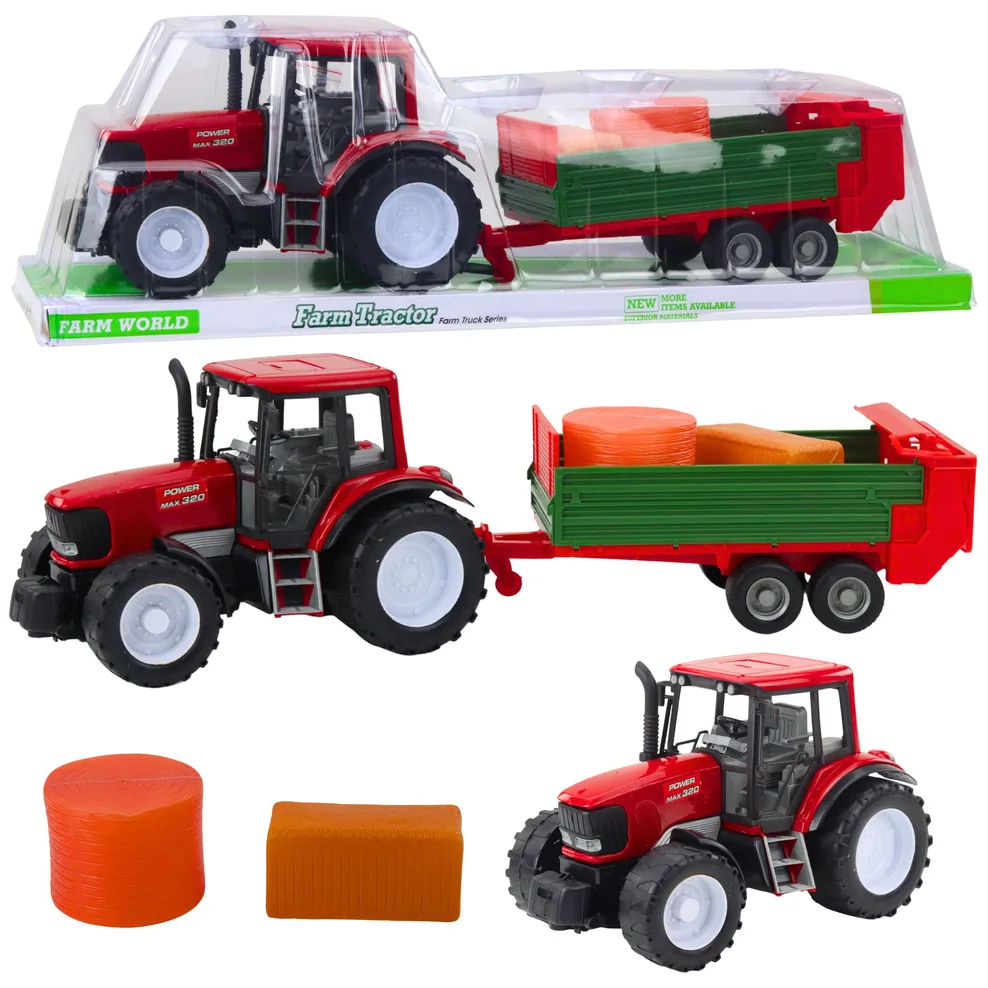 Traktor Rolniczy Farmerski Z Zieloną Przyczepą i Sianem Czerwony 62cm