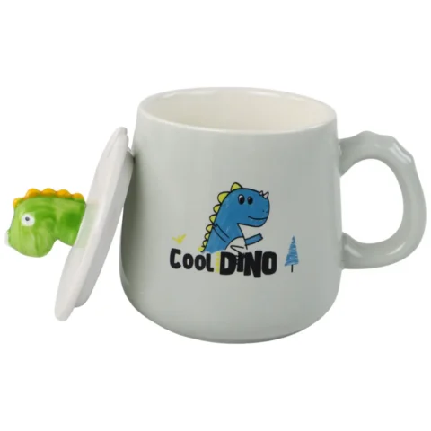 Kubek Ceramiczny Dinozaur Niebieski Przykrywka Łyżeczka 350ml