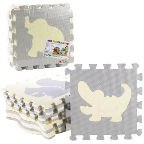 Miękkie Puzzle Mata Edukacyjna Zwierzęta Pianka EVA Beżowe Szare 9 el.