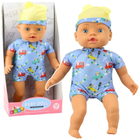 Lalka Bobas Niebieskie Ubranko z Wzorami Czapeczka z Uszami 31cm