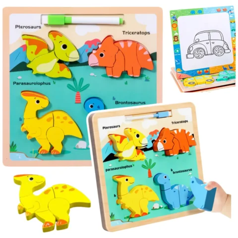Układanka Tablica 2w1 Drewniana Edukacyjna Dinozaury Pisak