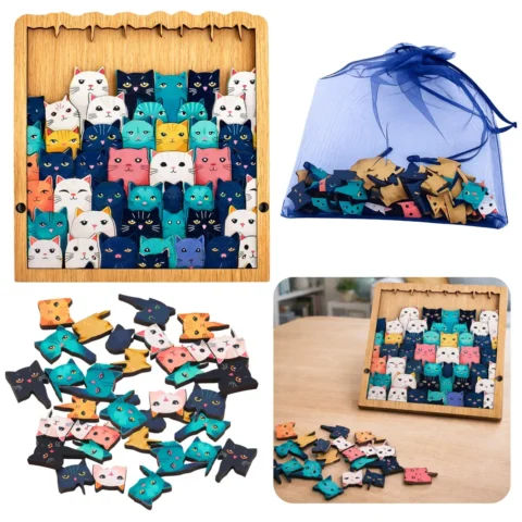 Drewniane Puzzle Kotki Układanka Edukacyjna Ramka Woreczek 62 el.