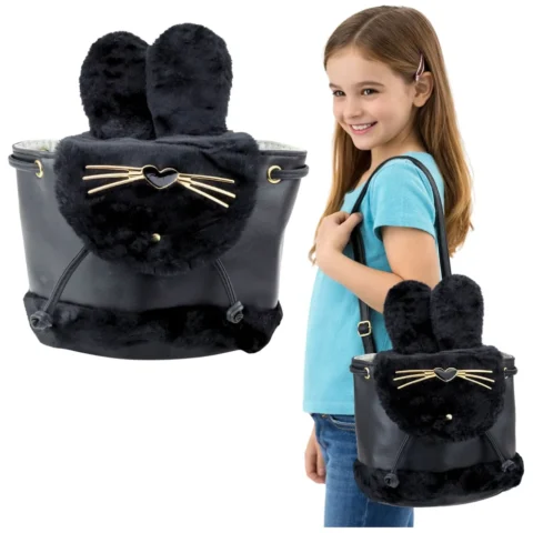 Plecak Dziecięcy Pluszowy Uszy Regulowany Pasek Czarny 22cm 4L