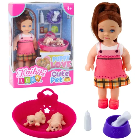 Zestaw Mini Laleczka Z Dwoma Szczeniaczkami Legowisko Miska Butelka