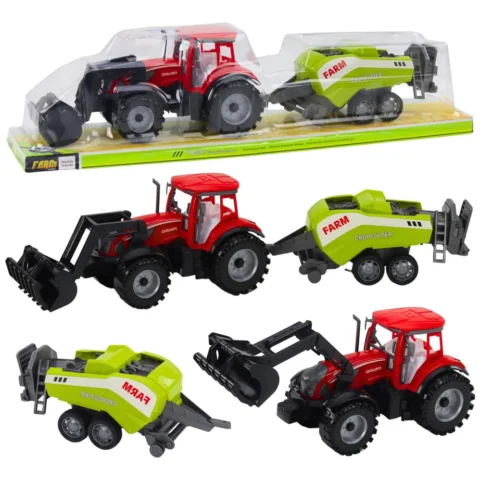 Zestaw Traktor Z Ładowaczem i Prasą Rolniczą Czerwony