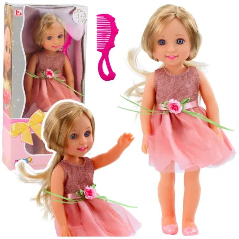Lalka W Sukience z Kokardką Długie Włosy Różowa Grzebień  38cm
