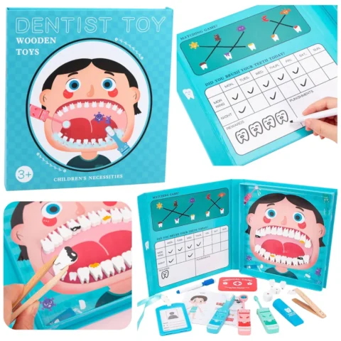 Drewniany Zestaw Małego Dentysty Książka Magnetyczna Zęby Narzędzia