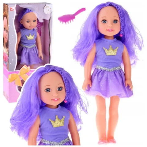 Lalka W Sukience z Koroną Długie Włosy Fioletowa Szczotka 38cm