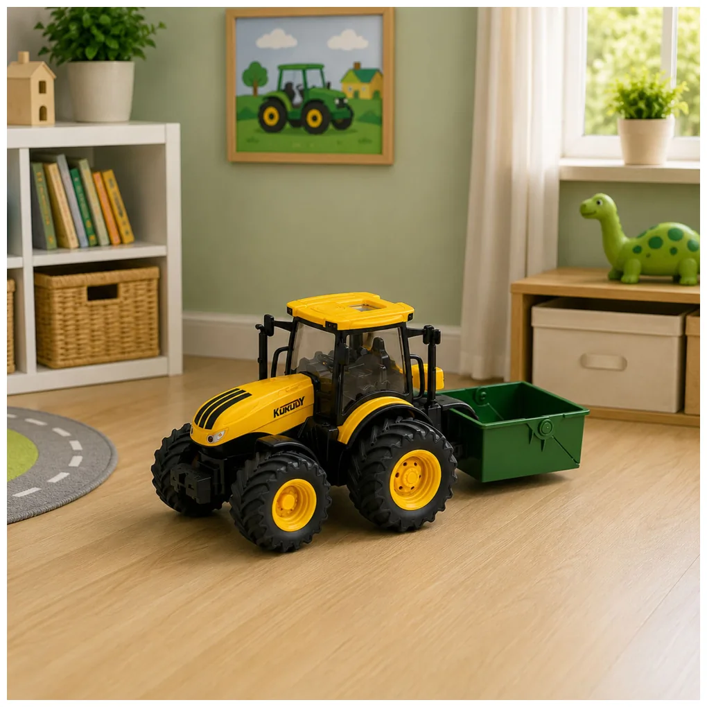 Traktor Rolniczy Farmerski Z Rozsiewaczem Nawozu Światła Dźwięk Żółty 1:24 - obrazek 4