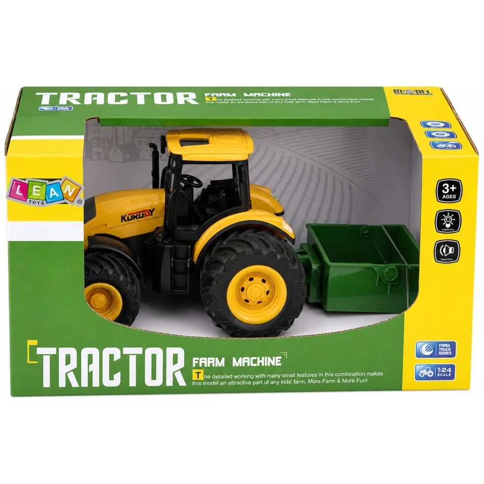 Traktor Rolniczy Farmerski Z Rozsiewaczem Nawozu Światła Dźwięk Żółty 1:24 - obrazek 6