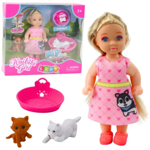 Zestaw Mini Laleczka Z Pieskiem i Kotkiem Legowisko Miska Z Jedzeniem