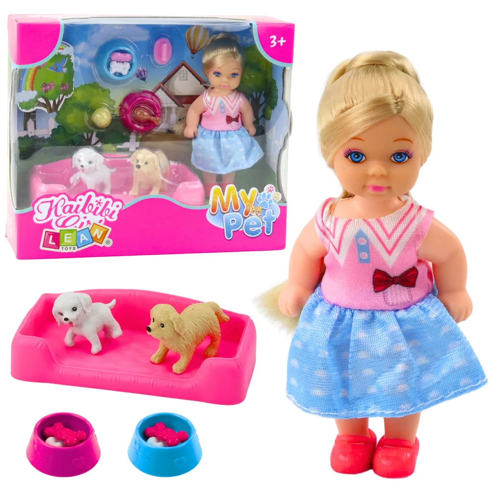 Zestaw Mini Laleczka Z Dwoma Pieskami Legowisko Miski Z Karmą
