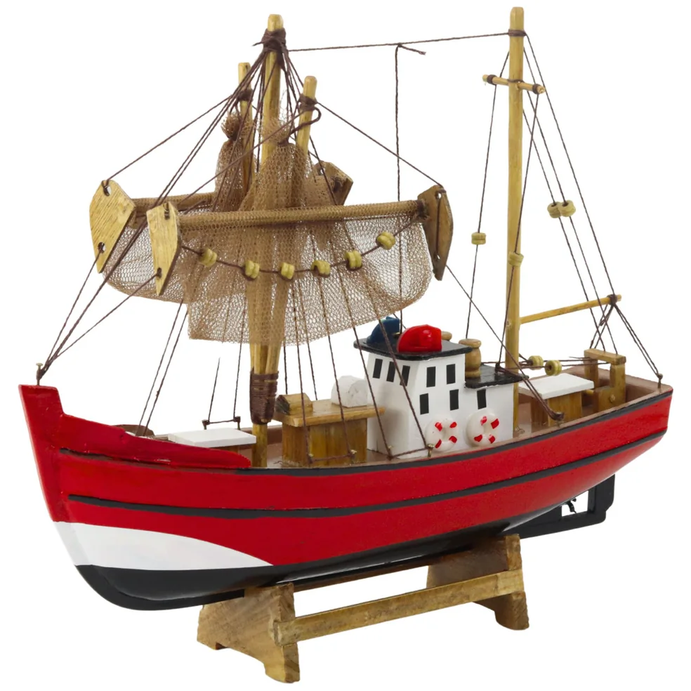 Model Kolekcjonerski Dekoracyjny Statek Kuter Rybacki Czerwony 30x26cm - obrazek 2