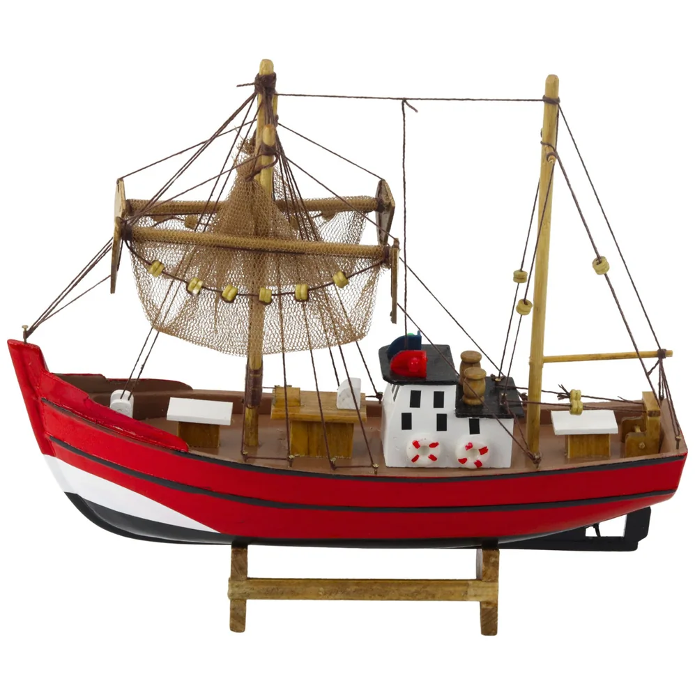 Model Kolekcjonerski Dekoracyjny Statek Kuter Rybacki Czerwony 30x26cm - obrazek 3