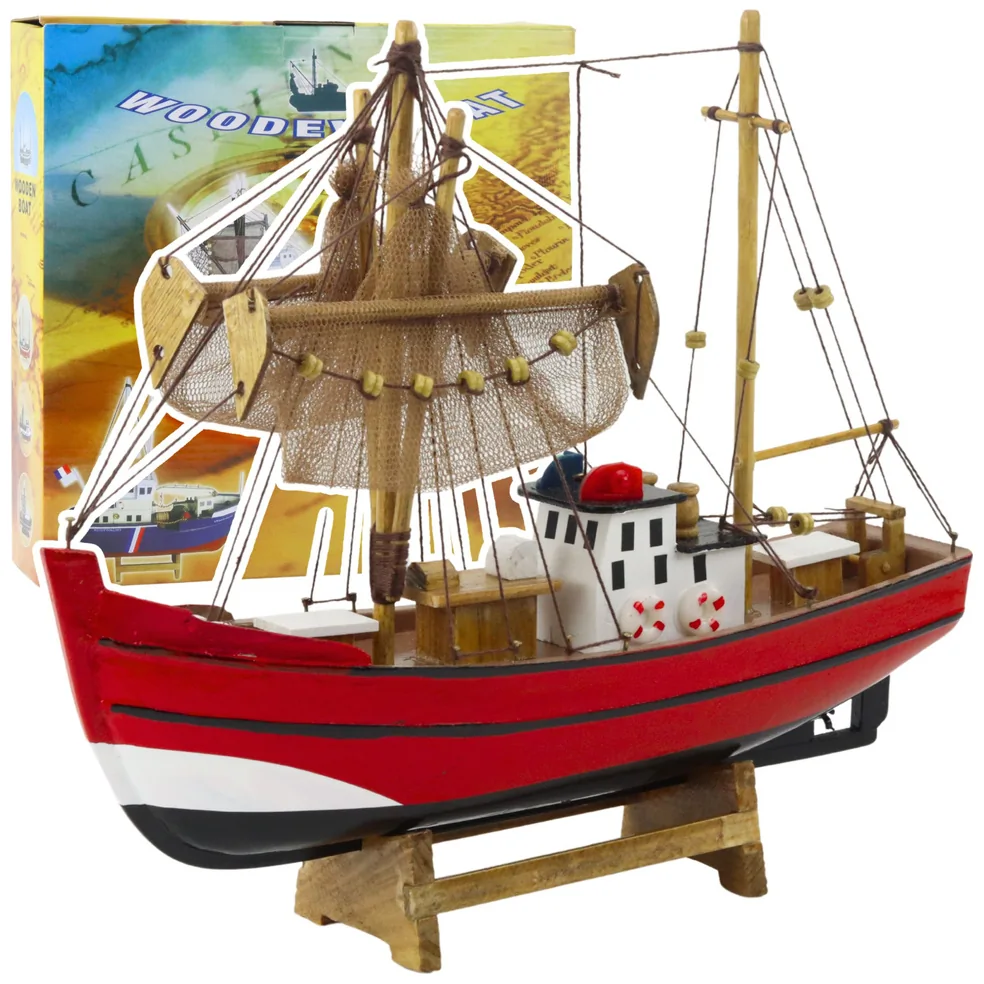 Model Kolekcjonerski Dekoracyjny Statek Kuter Rybacki Czerwony 30x26cm