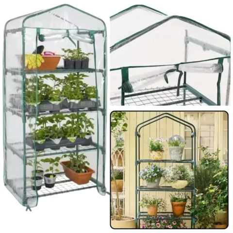 Mini Szklarnia Balkonowa Ogrodowa 4 Półki Metalowe Folia PVC 69 x 49 x 157cm