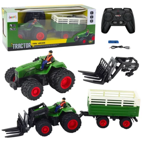 Traktor Rolniczy Z Przyczepą i Widłami Podwójne Koła Zdalnie Sterowany RC