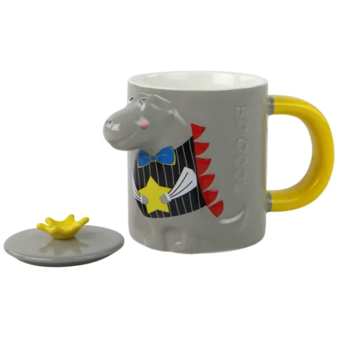 Kubek Ceramiczny z Pokrywką Szary Dinozaur 400 ml