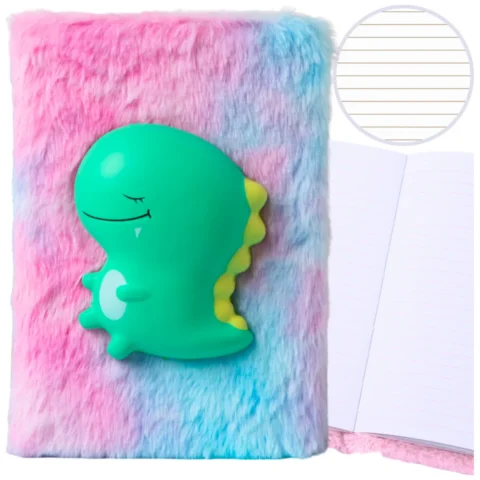 Pluszowy Notatnik W Linie Z Zielonym Dinozaurem 3D Kolorowy