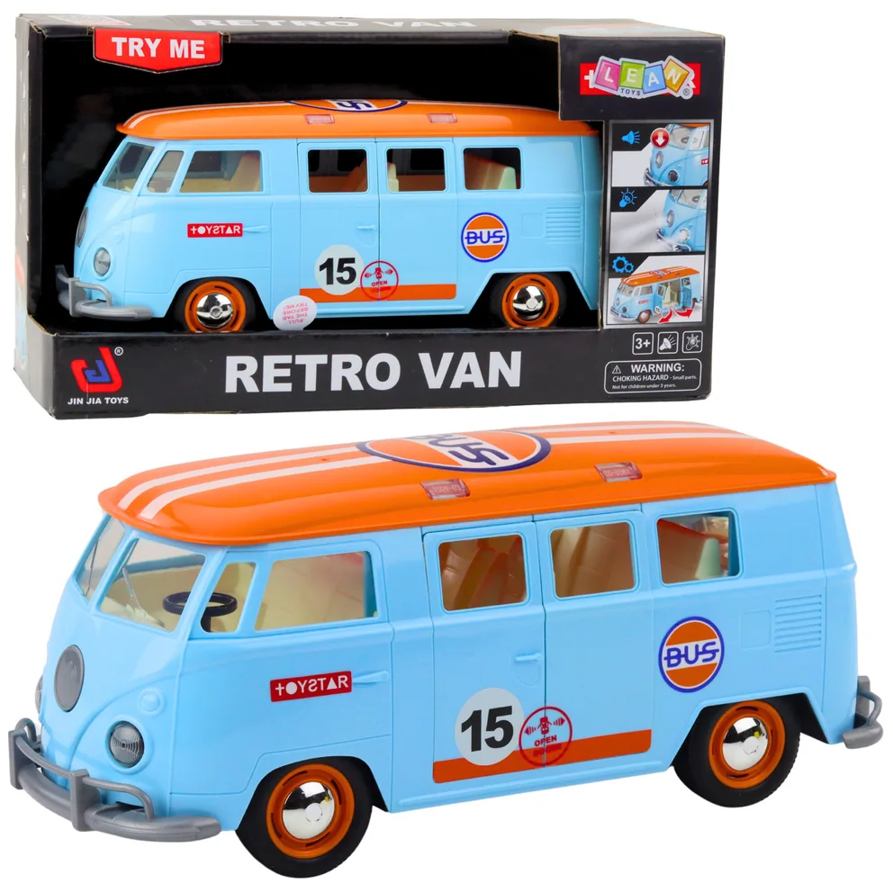 Samochód Retro Van Bus Światła Dźwięki Otwierane Drzwi Niebieski