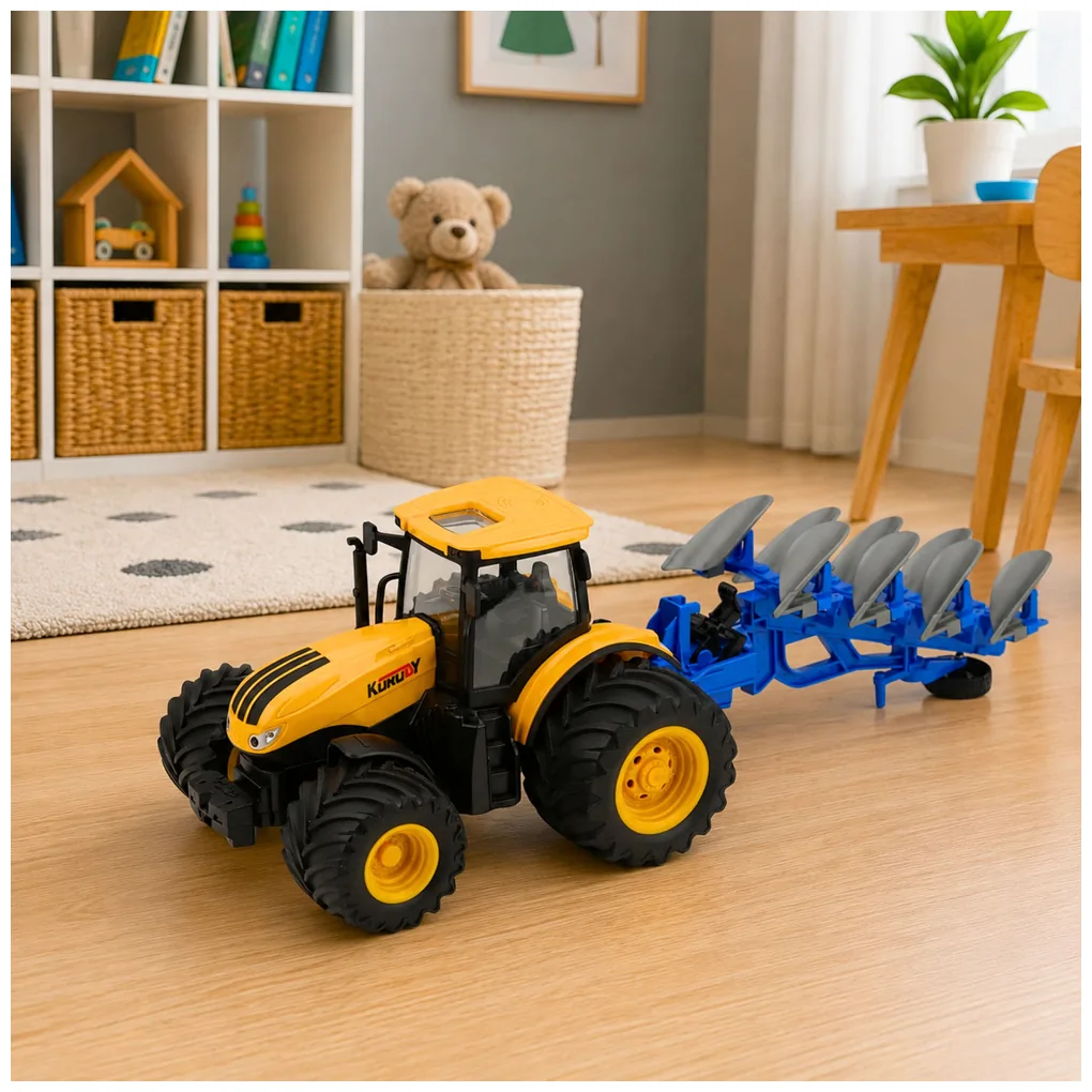 Traktor Rolniczy Z Pługiem Wieloskibowym Światła Dźwięki Żółty 1:24 - obrazek 4