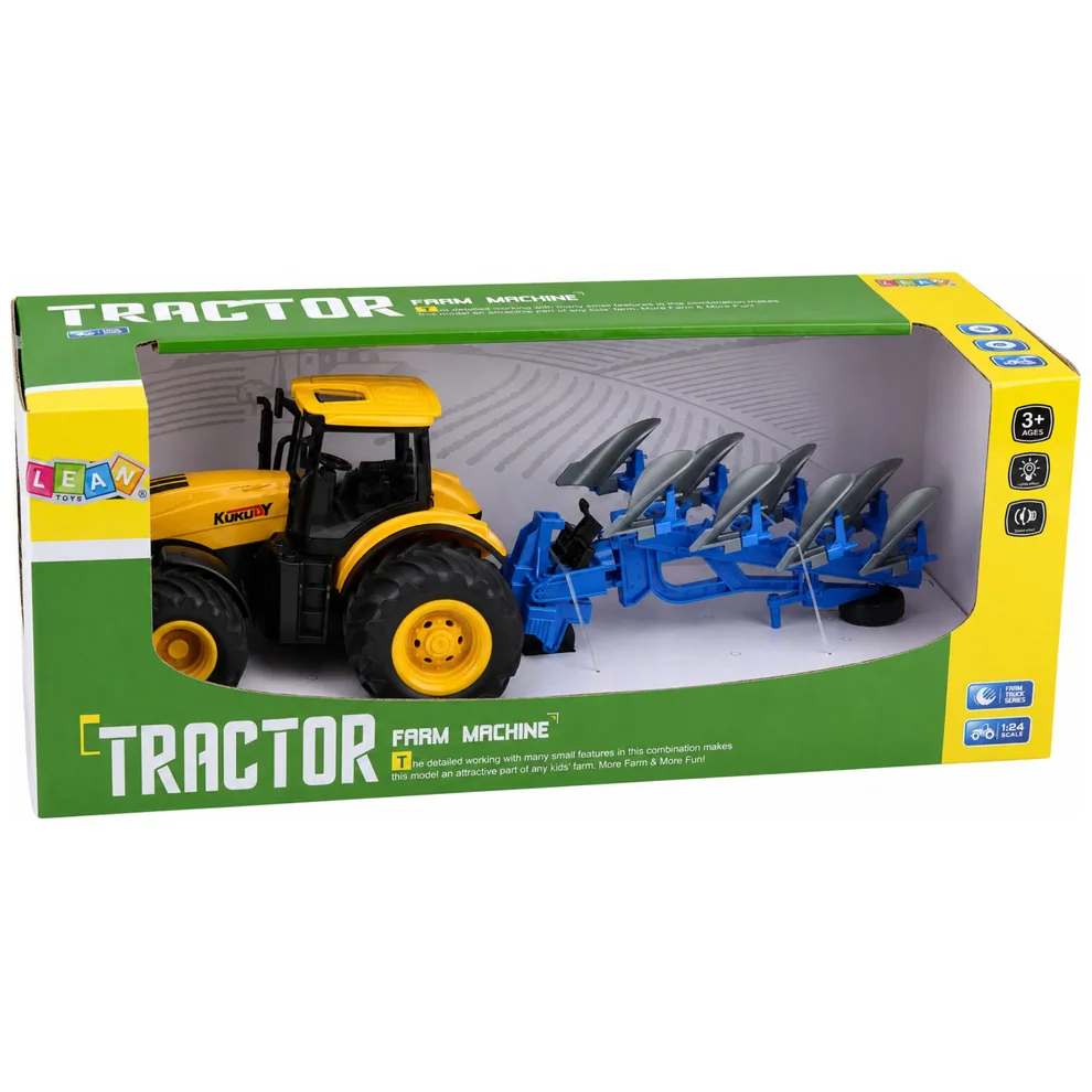 Traktor Rolniczy Z Pługiem Wieloskibowym Światła Dźwięki Żółty 1:24 - obrazek 6