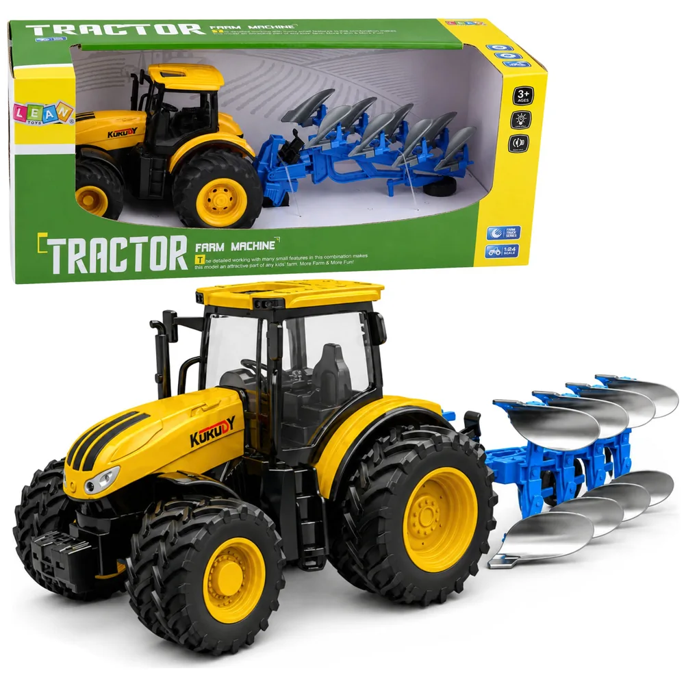 Traktor Rolniczy Z Pługiem Wieloskibowym Światła Dźwięki Żółty 1:24