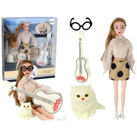 Lalka Dla Dzieci Emily z Gitarą Okulary Długie Blond Włosy Kotek
