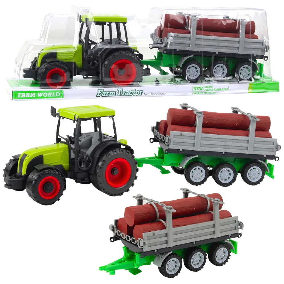 Traktor Rolniczy Farmerski Z Przyczepą Do Drewna Kłody Zielony 47cm