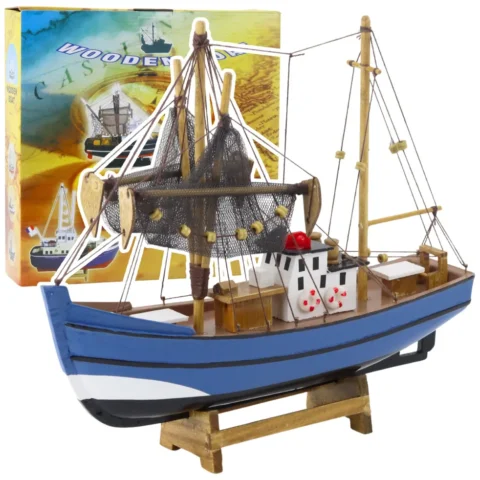 Model Kolekcjonerski Dekoracyjny Statek Kuter Rybacki Niebieski 30x26cm