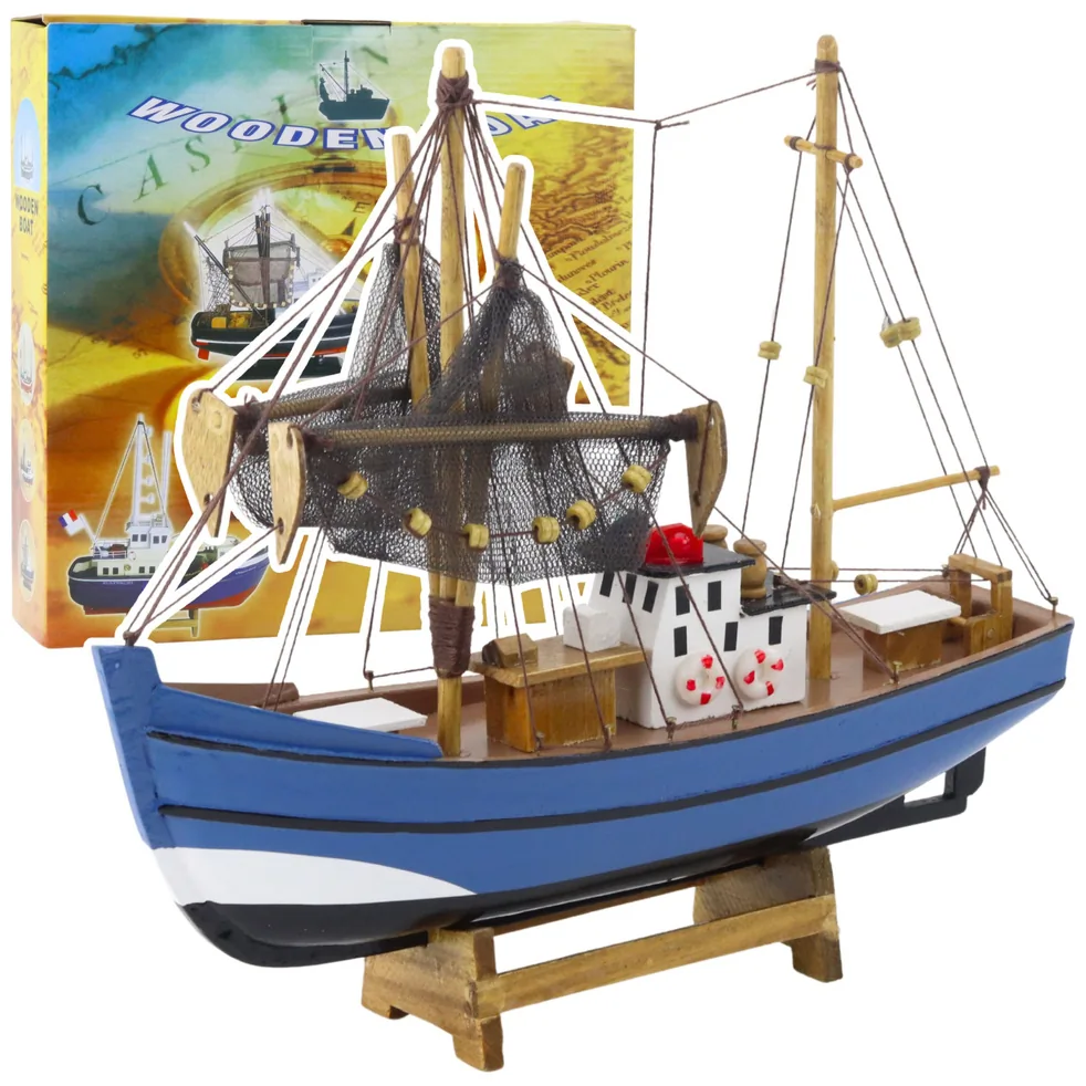 Model Kolekcjonerski Dekoracyjny Statek Kuter Rybacki Niebieski 30x26cm