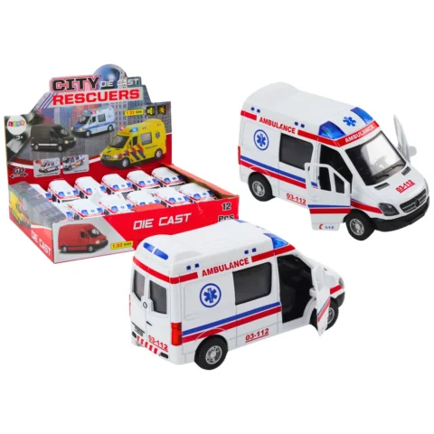 Ambulans Karetka 1:32 Otwierane Drzwi Światła Dźwięki Napęd Biała