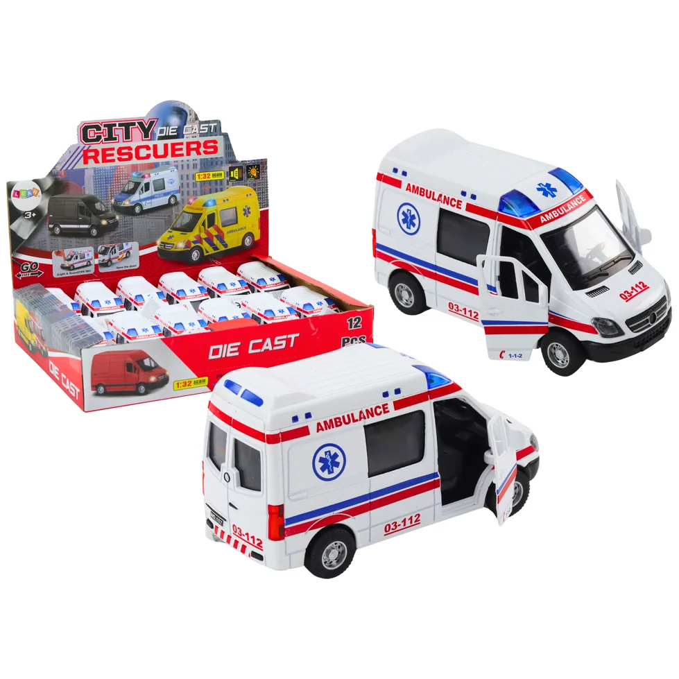 Ambulans Karetka 1:32 Otwierane Drzwi Światła Dźwięki Napęd Biała