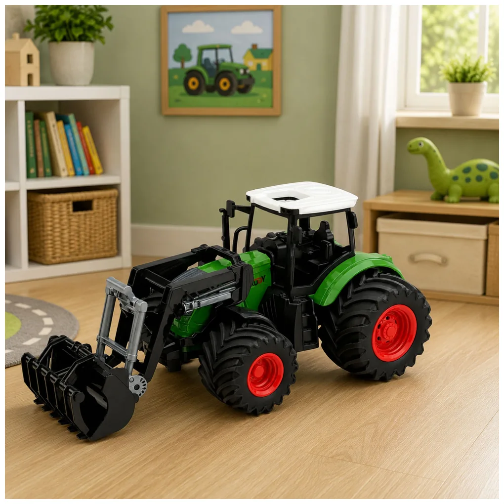 Traktor Rolniczy Farmerski Z Ładowaczem Czołowym Gumowe Koła Zielony 1:24 - obrazek 3