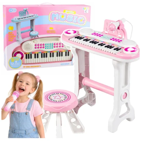 Pianinko Elektroniczne Organy Dla Dzieci Stołek Mikrofon MP3 Różowe