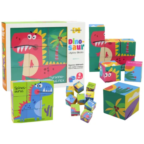 Edukacyjne Puzzle 6w1 Klocki Układanka Kostki 6 Obrazków Dinozaury 9 El.