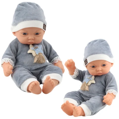 Lalka Bobas W Szarej Piżamce z Gwiazdkami Czapeczka