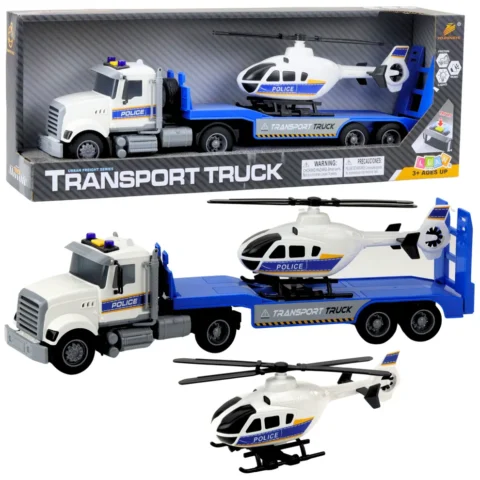 Zestaw Ciężarówka Policyjna Transportowa Helikopter Światła Dźwięki