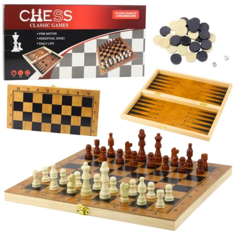 Klasyczna Gra Logiczna 3w1 Szachy Warcaby Backgammon Drewniane