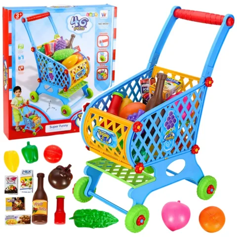 Duży Wózek Sklepowy Dla Dzieci Produkty Spożywcze Niebieski 52cm 46 el.