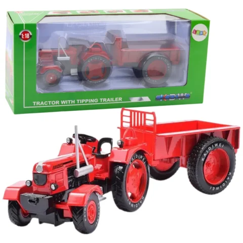 Metalowy Traktor Rolniczy Z Przyczepą Czerwony 1:18