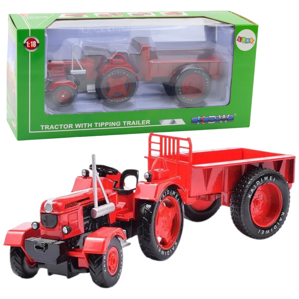Metalowy Traktor Rolniczy Z Przyczepą Czerwony 1:18