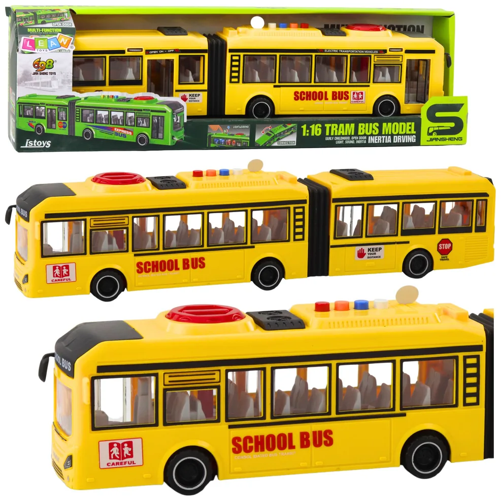 Autobus Przegubowy Szkolny Otwierane Drzwi Światła Dźwięki Żółty 1:16