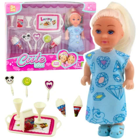 Zestaw Mini Laleczka Słodkie Akcesoria Niebieska Sukienka